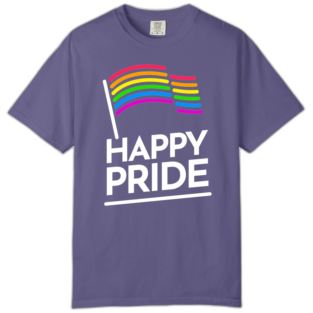 Happy Pride rainbow flag design with seven curved colored stripes waving from a flagpole and white text reading HAPPY PRIDE in Grape