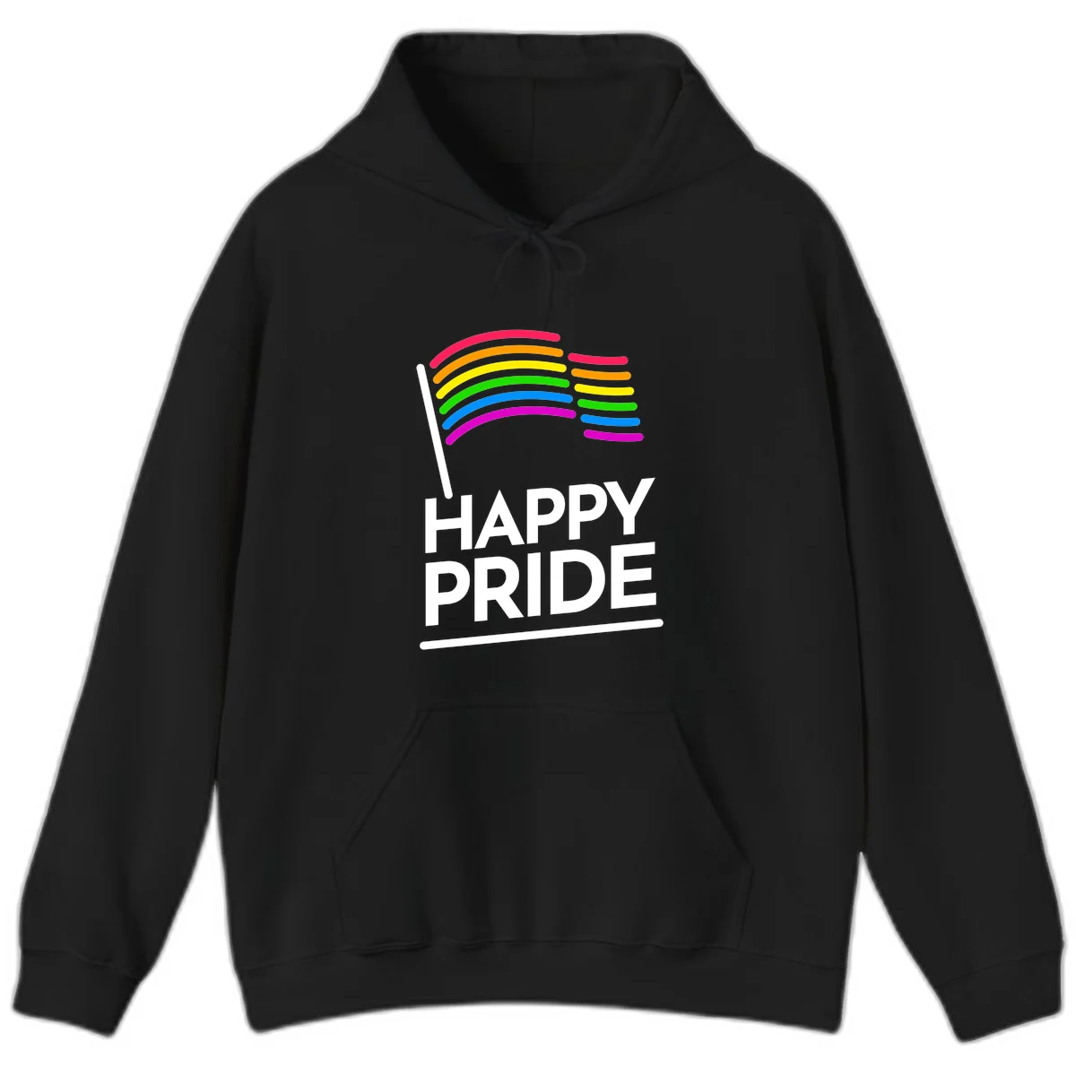 Happy Pride rainbow flag design with seven curved colored stripes waving from a flagpole and white text reading HAPPY PRIDE in Black