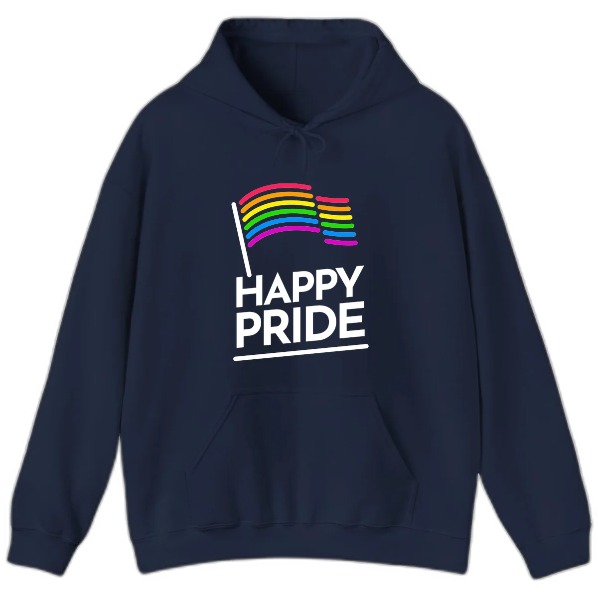 Happy Pride rainbow flag design with seven curved colored stripes waving from a flagpole and white text reading HAPPY PRIDE in Navy