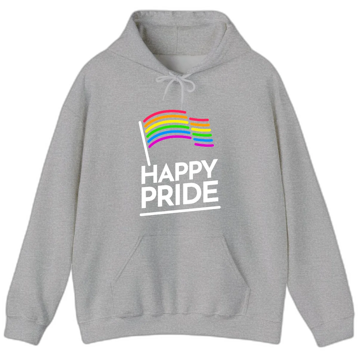 Happy Pride rainbow flag design with seven curved colored stripes waving from a flagpole and white text reading HAPPY PRIDE in Sport Grey