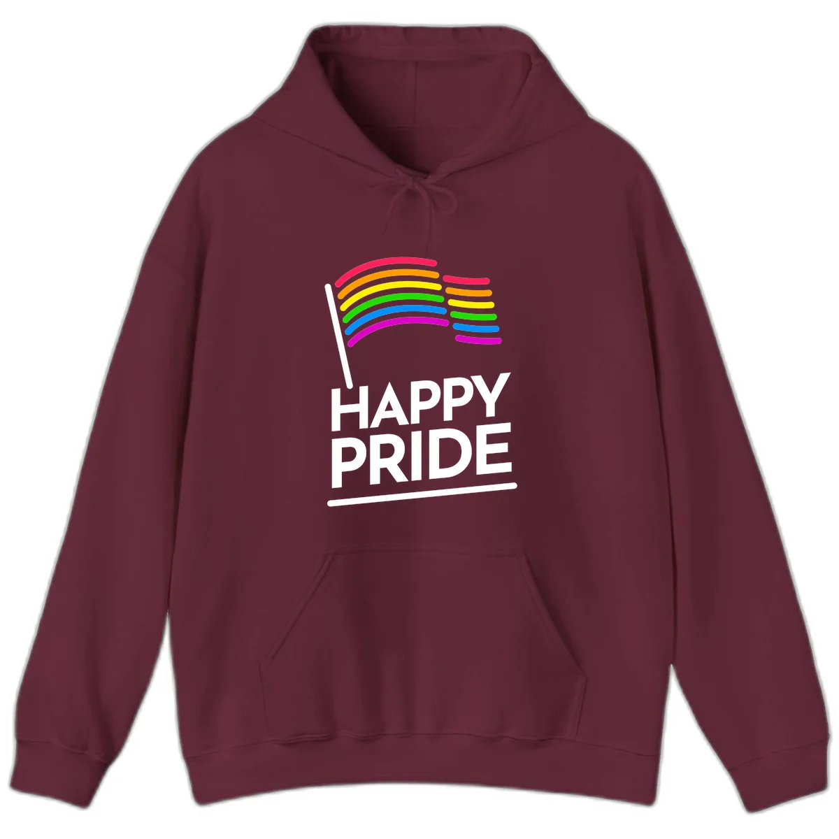 Happy Pride rainbow flag design with seven curved colored stripes waving from a flagpole and white text reading HAPPY PRIDE in Maroon