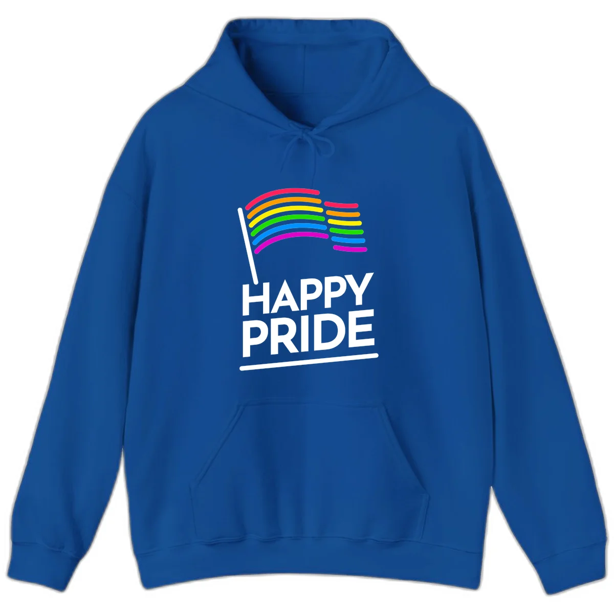Happy Pride rainbow flag design with seven curved colored stripes waving from a flagpole and white text reading HAPPY PRIDE in Royal