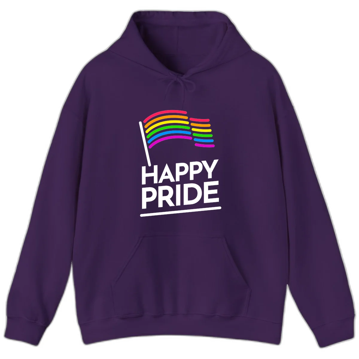 Happy Pride rainbow flag design with seven curved colored stripes waving from a flagpole and white text reading HAPPY PRIDE in Purple