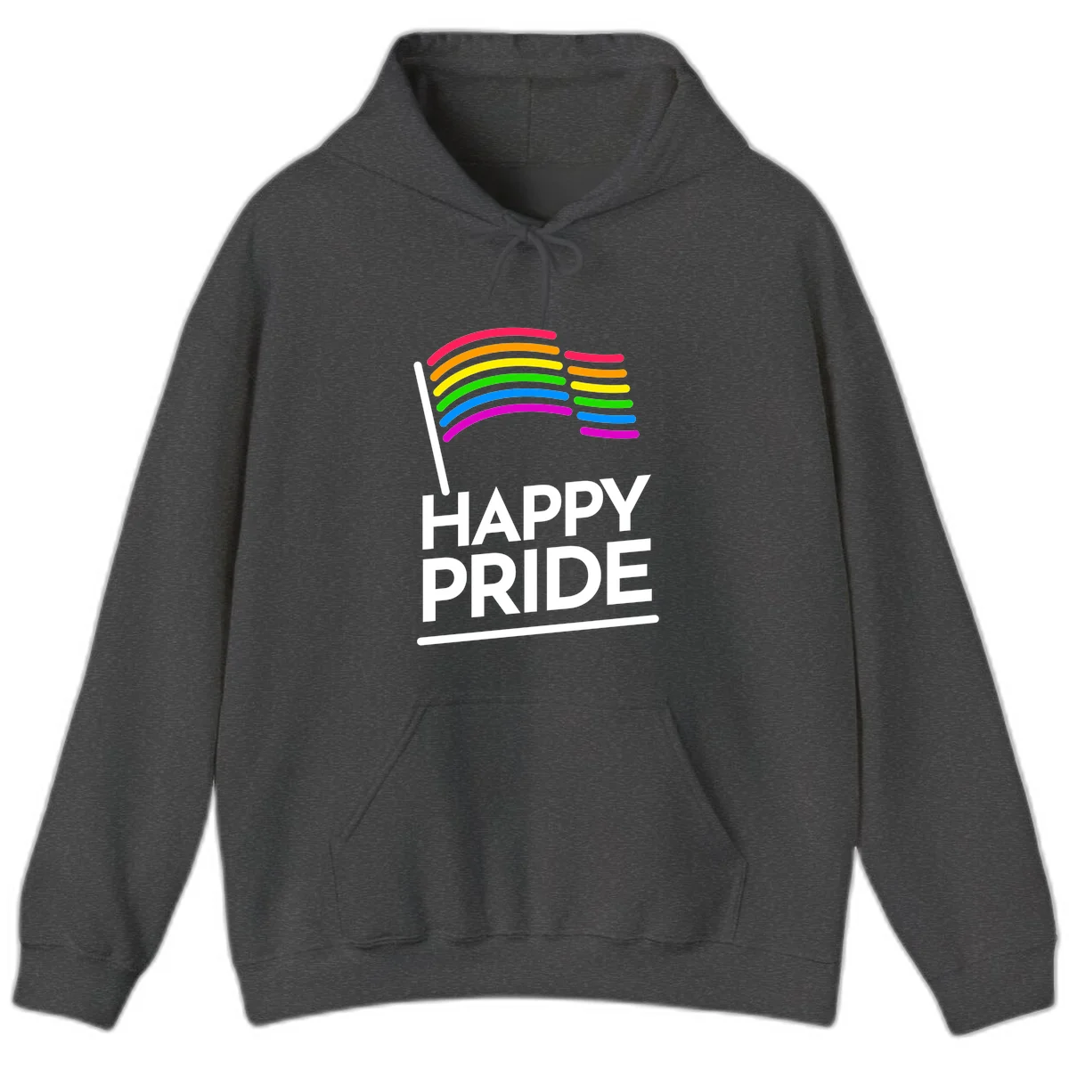 Happy Pride rainbow flag design with seven curved colored stripes waving from a flagpole and white text reading HAPPY PRIDE in Dark Heather