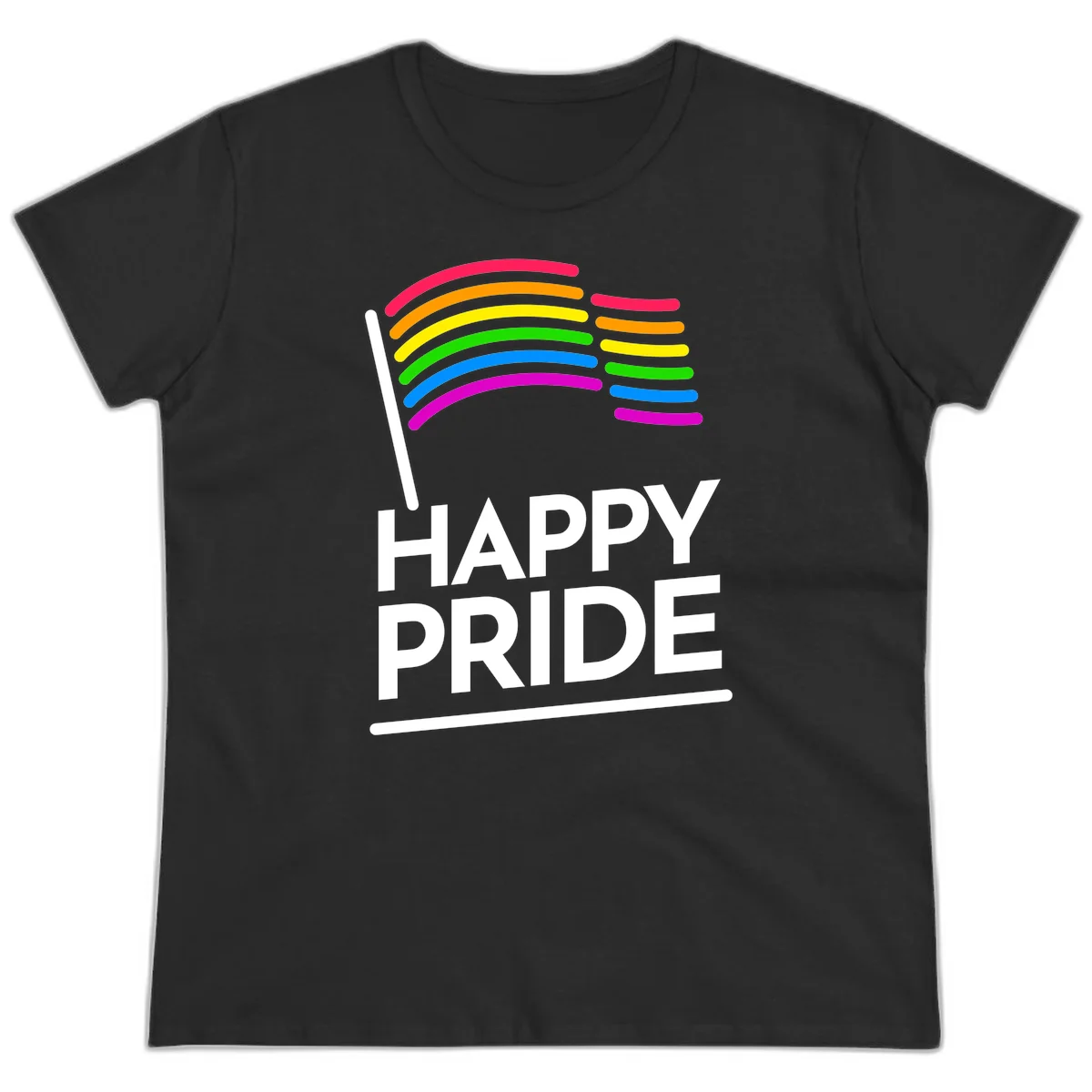 Happy Pride rainbow flag design with seven curved colored stripes waving from a flagpole and white text reading HAPPY PRIDE in Black