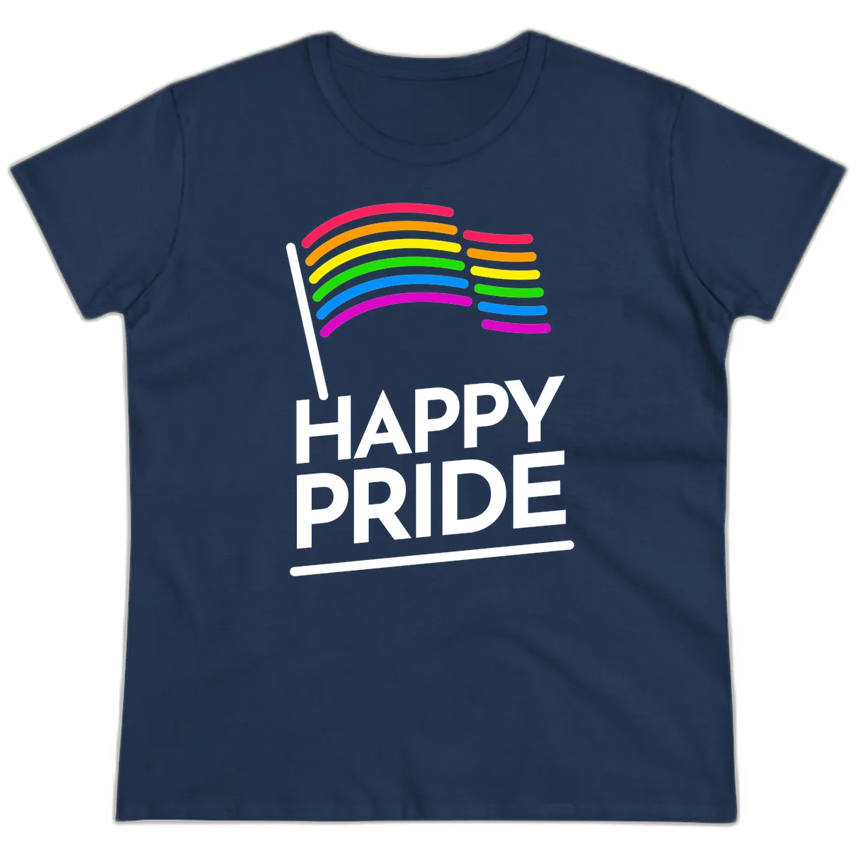 Happy Pride rainbow flag design with seven curved colored stripes waving from a flagpole and white text reading HAPPY PRIDE in Navy