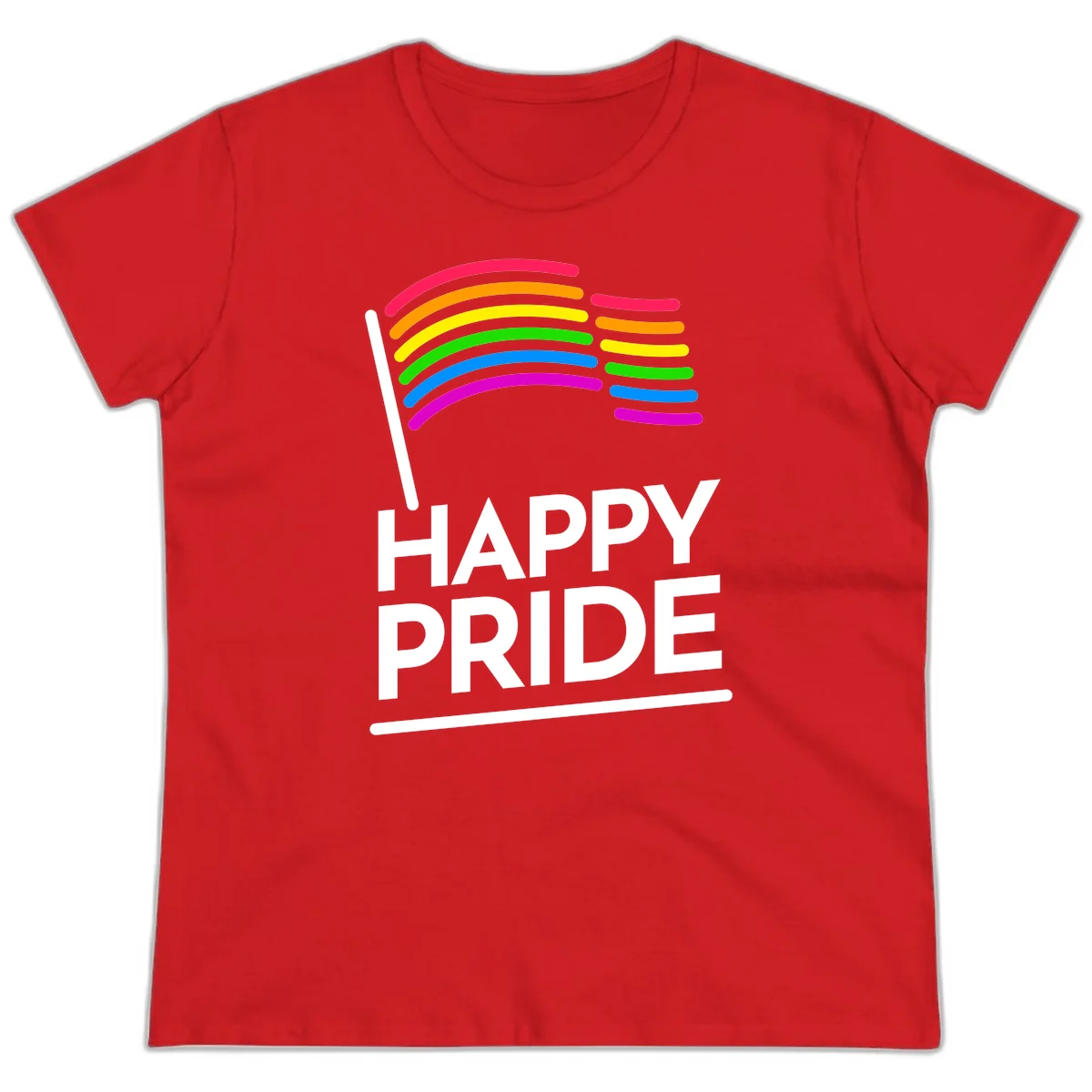 Happy Pride rainbow flag design with seven curved colored stripes waving from a flagpole and white text reading HAPPY PRIDE in Red