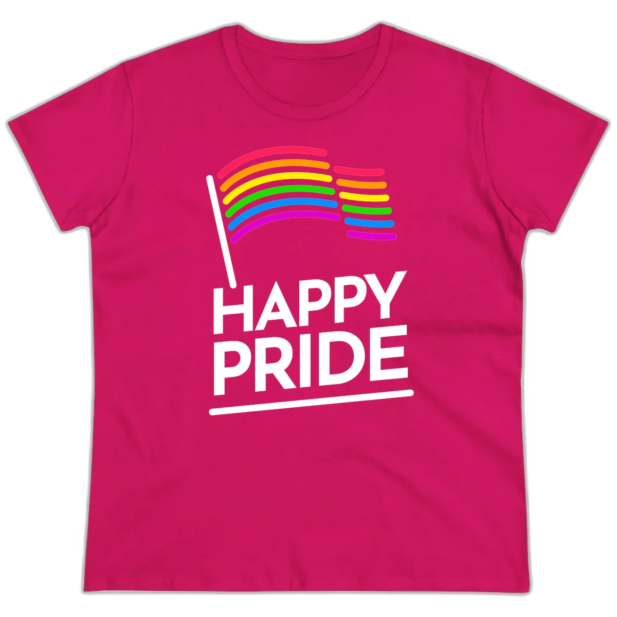 Happy Pride rainbow flag design with seven curved colored stripes waving from a flagpole and white text reading HAPPY PRIDE in Heliconia