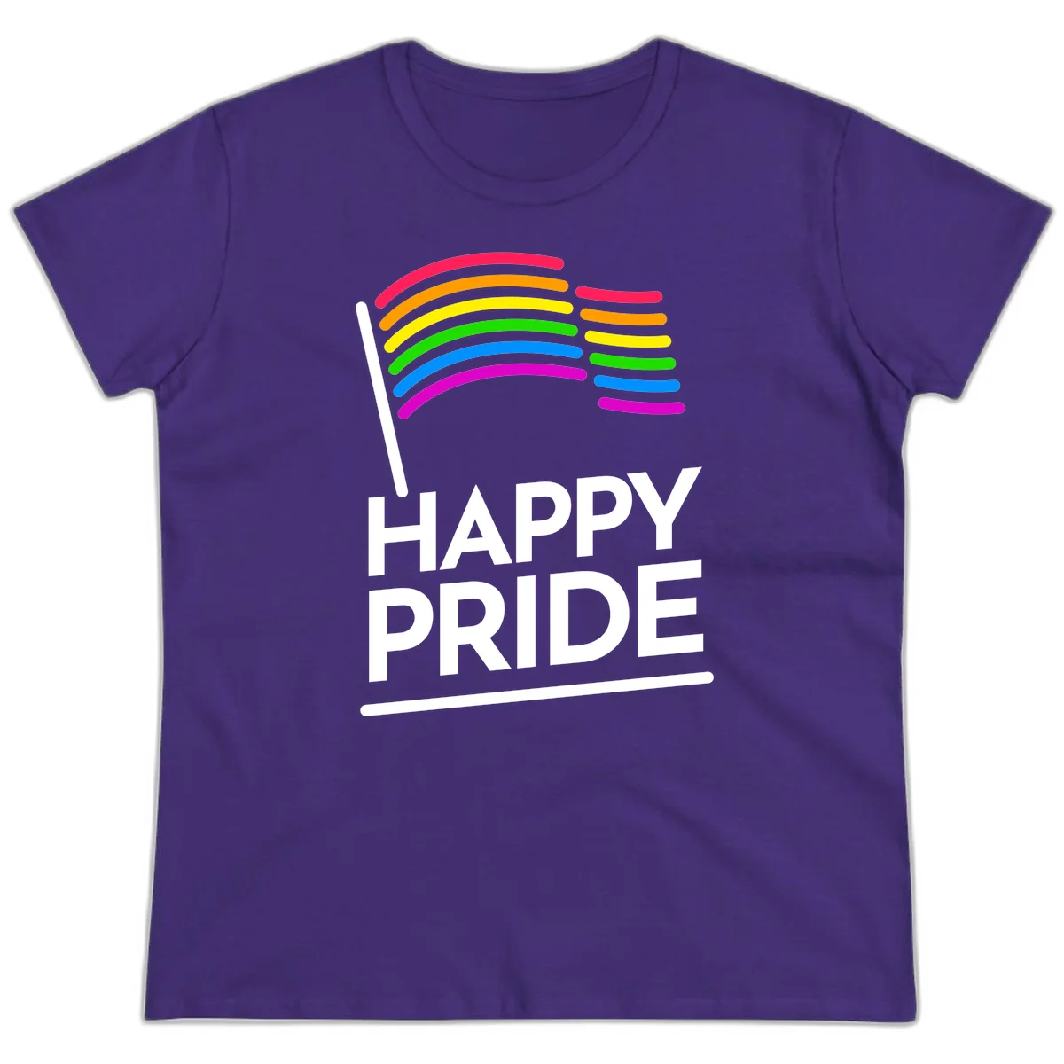 Happy Pride rainbow flag design with seven curved colored stripes waving from a flagpole and white text reading HAPPY PRIDE in Purple