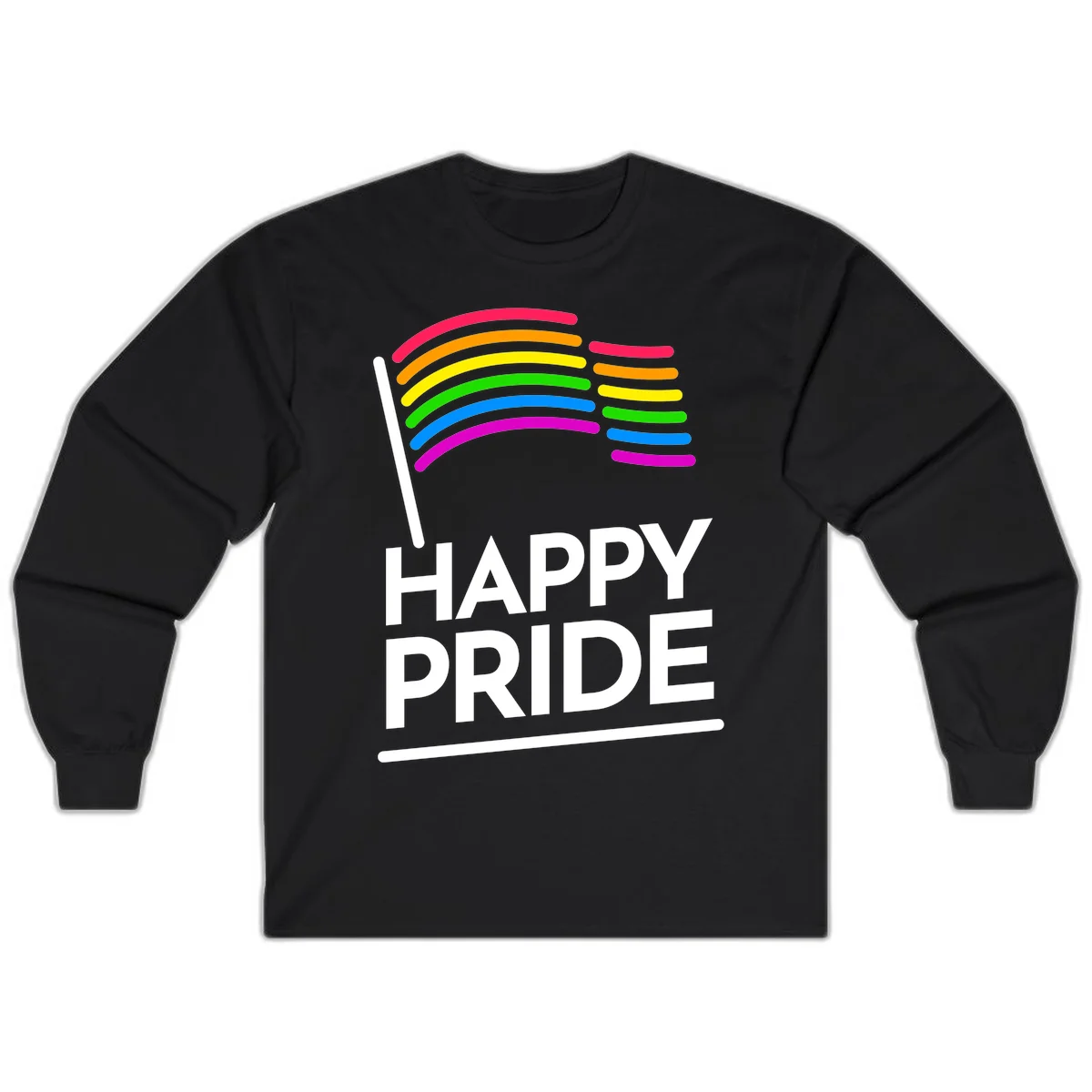 Happy Pride rainbow flag design with seven curved colored stripes waving from a flagpole and white text reading HAPPY PRIDE in Black