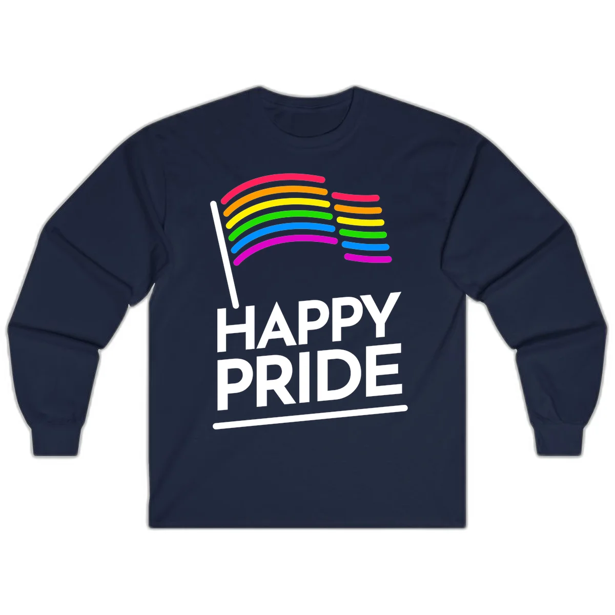 Happy Pride rainbow flag design with seven curved colored stripes waving from a flagpole and white text reading HAPPY PRIDE in Navy