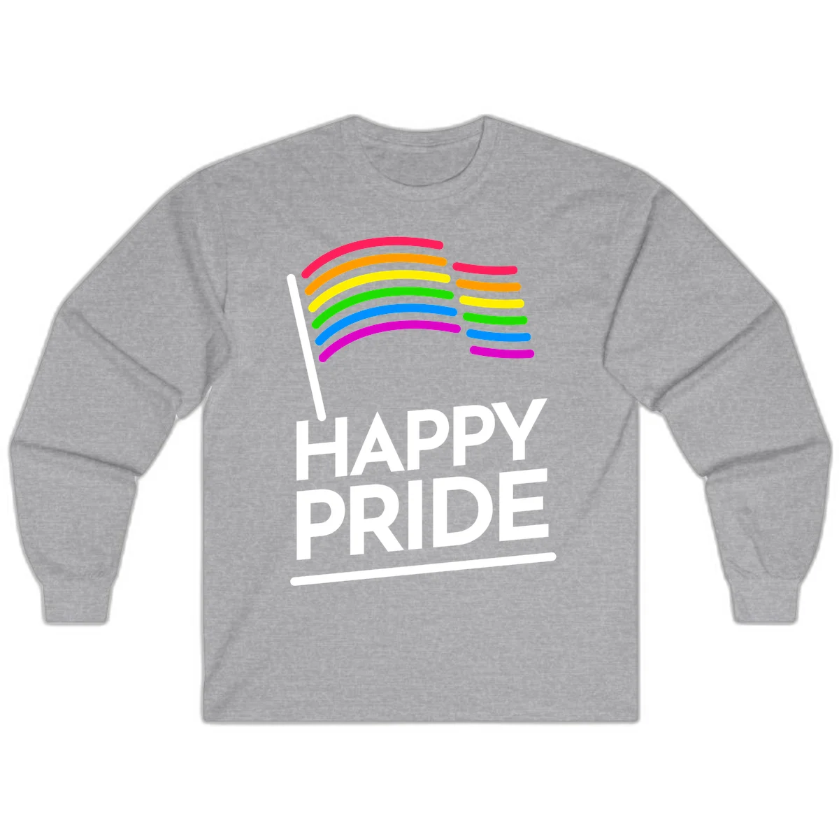 Happy Pride rainbow flag design with seven curved colored stripes waving from a flagpole and white text reading HAPPY PRIDE in Sport Grey