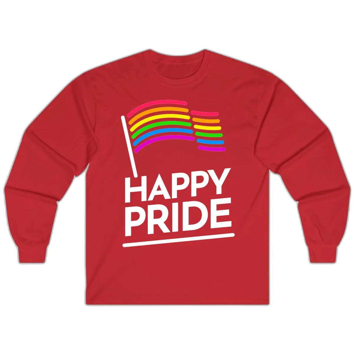 Happy Pride rainbow flag design with seven curved colored stripes waving from a flagpole and white text reading HAPPY PRIDE in Red