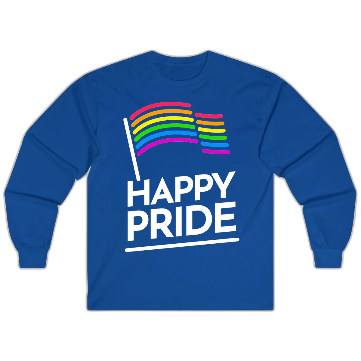 Happy Pride rainbow flag design with seven curved colored stripes waving from a flagpole and white text reading HAPPY PRIDE in Royal
