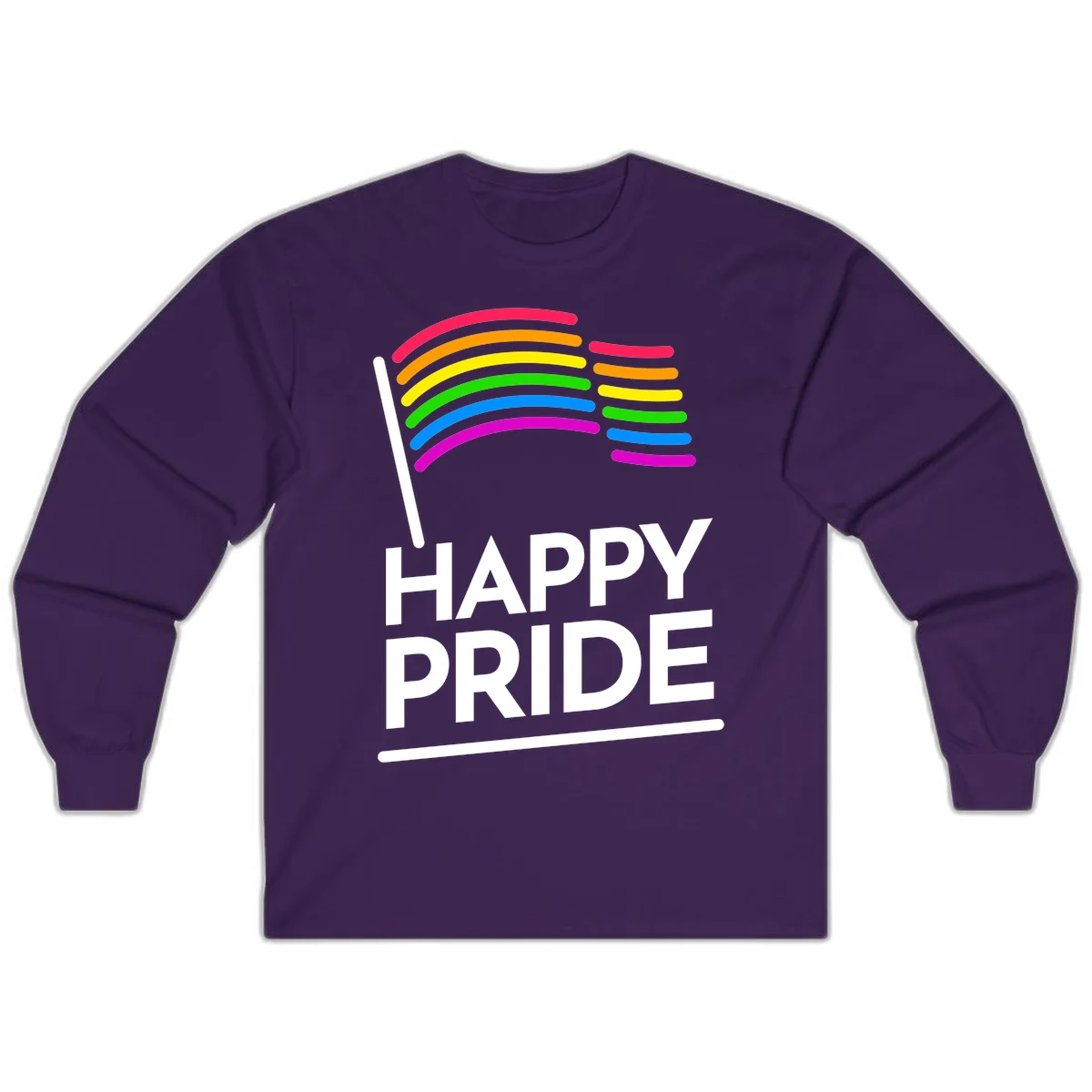 Happy Pride rainbow flag design with seven curved colored stripes waving from a flagpole and white text reading HAPPY PRIDE in Purple