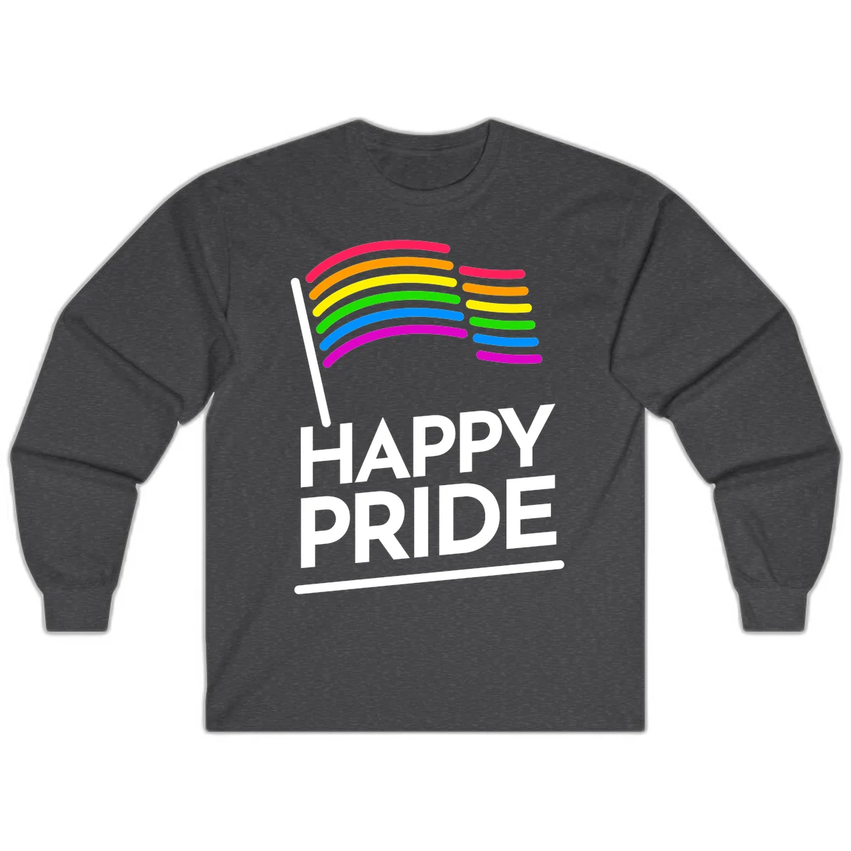 Happy Pride rainbow flag design with seven curved colored stripes waving from a flagpole and white text reading HAPPY PRIDE in Dark Heather