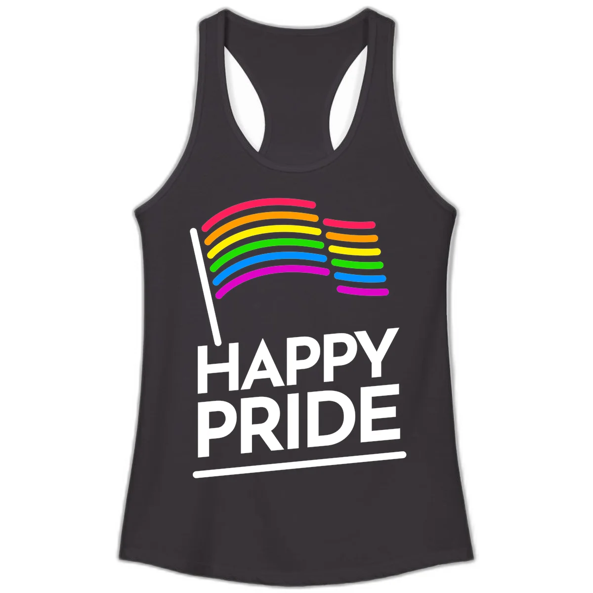 Happy Pride rainbow flag design with seven curved colored stripes waving from a flagpole and white text reading HAPPY PRIDE in Black