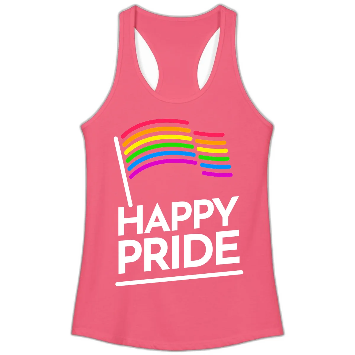 Happy Pride rainbow flag design with seven curved colored stripes waving from a flagpole and white text reading HAPPY PRIDE in Hot Pink