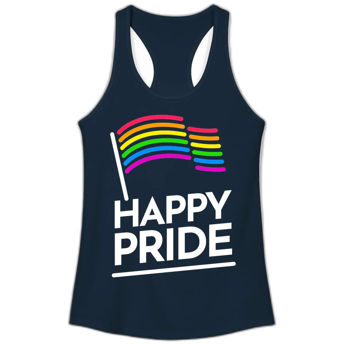 Happy Pride rainbow flag design with seven curved colored stripes waving from a flagpole and white text reading HAPPY PRIDE in Solid Midnight Navy