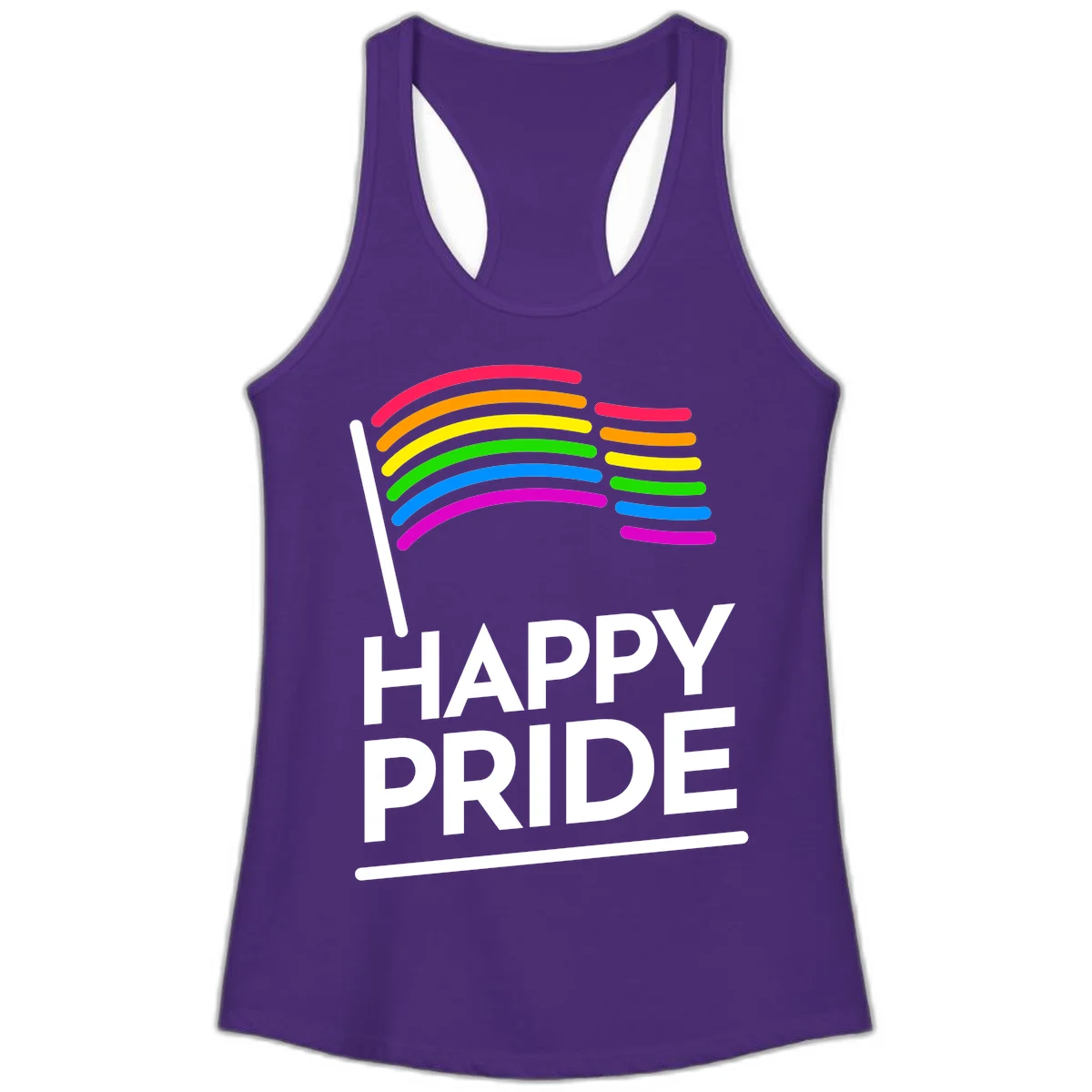 Happy Pride rainbow flag design with seven curved colored stripes waving from a flagpole and white text reading HAPPY PRIDE in Solid Purple Rush