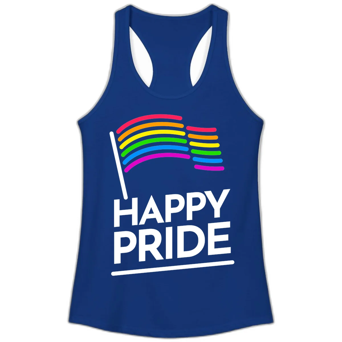 Happy Pride rainbow flag design with seven curved colored stripes waving from a flagpole and white text reading HAPPY PRIDE in Solid Royal