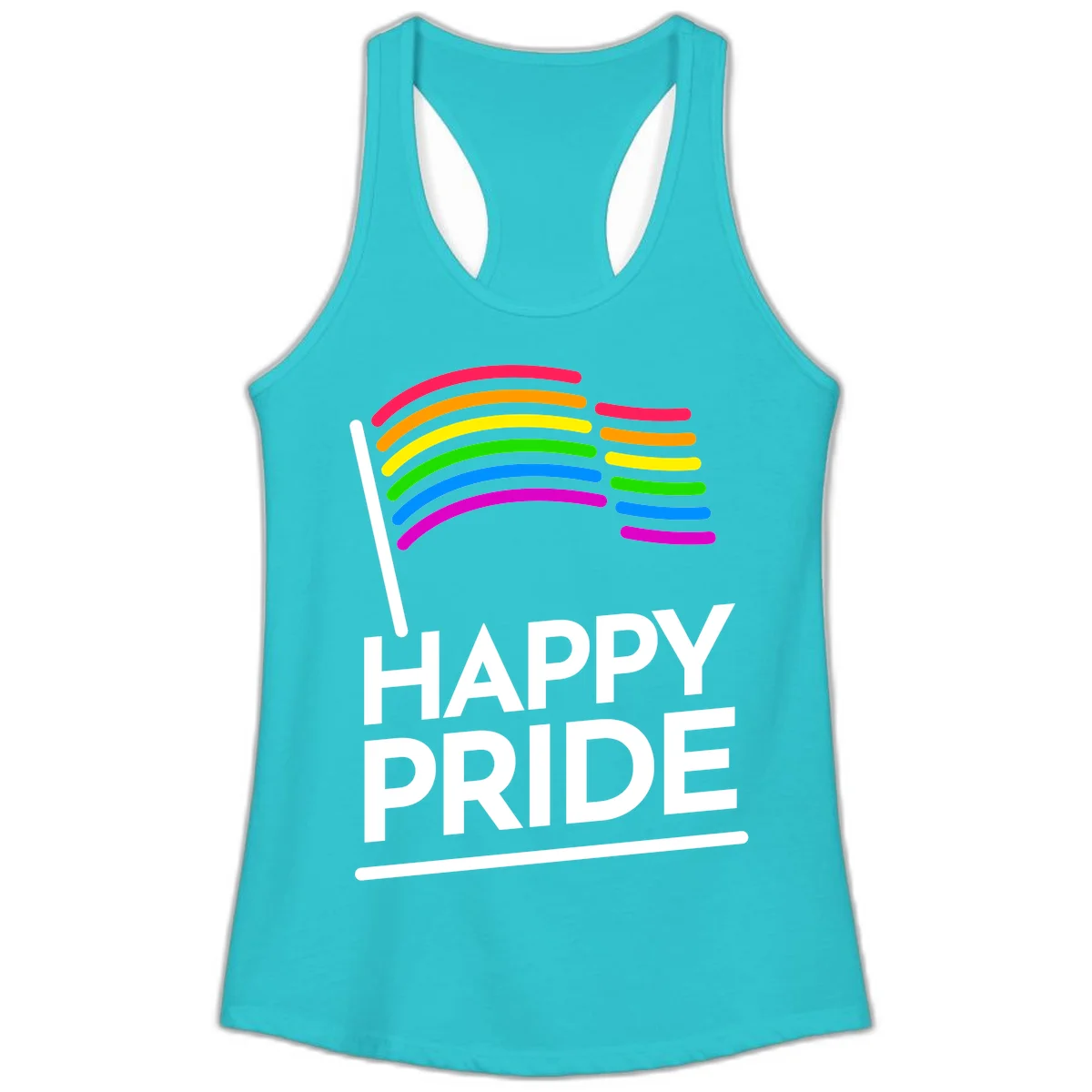 Happy Pride rainbow flag design with seven curved colored stripes waving from a flagpole and white text reading HAPPY PRIDE in Solid Tahiti Blue