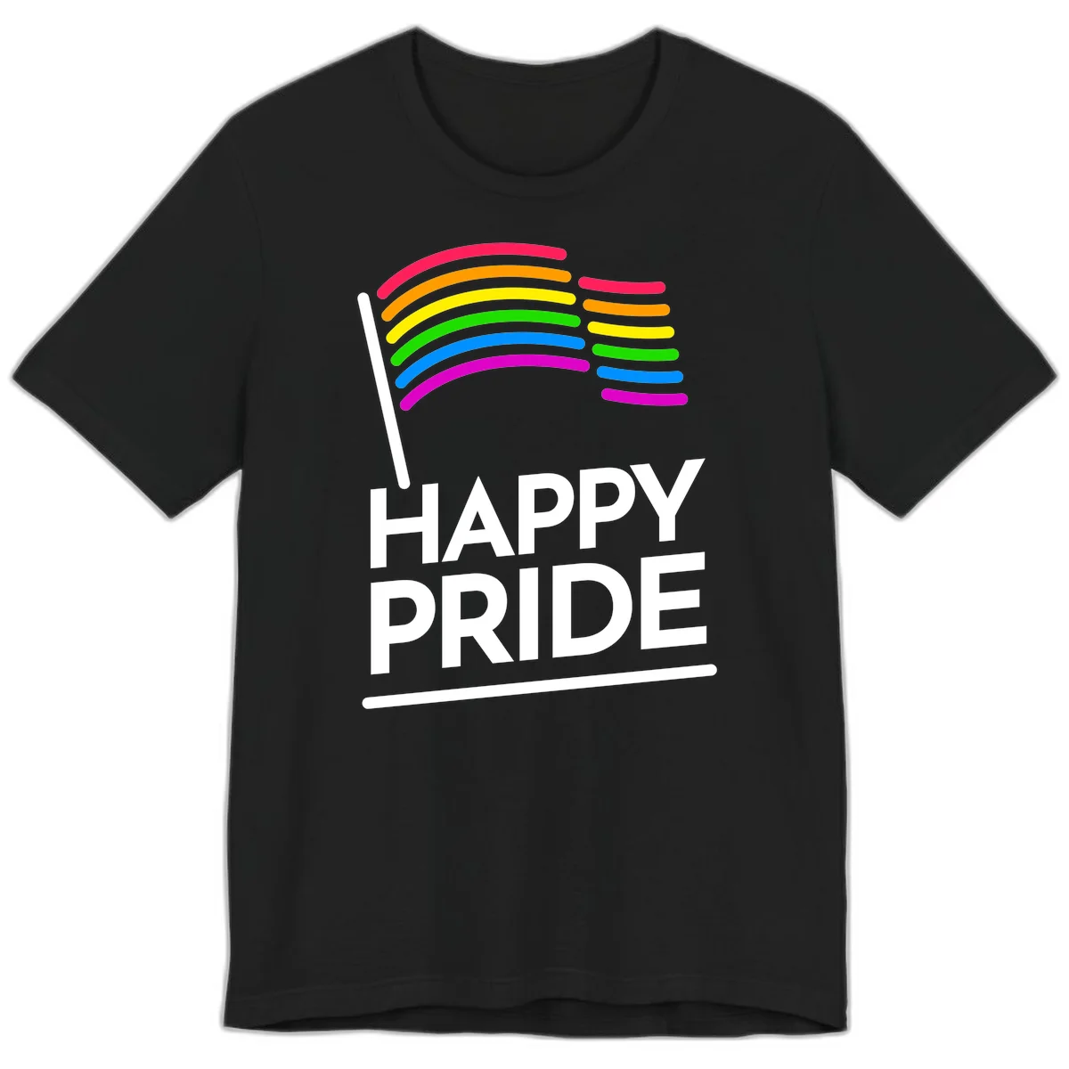 Happy Pride rainbow flag design with seven curved colored stripes waving from a flagpole and white text reading HAPPY PRIDE in Black