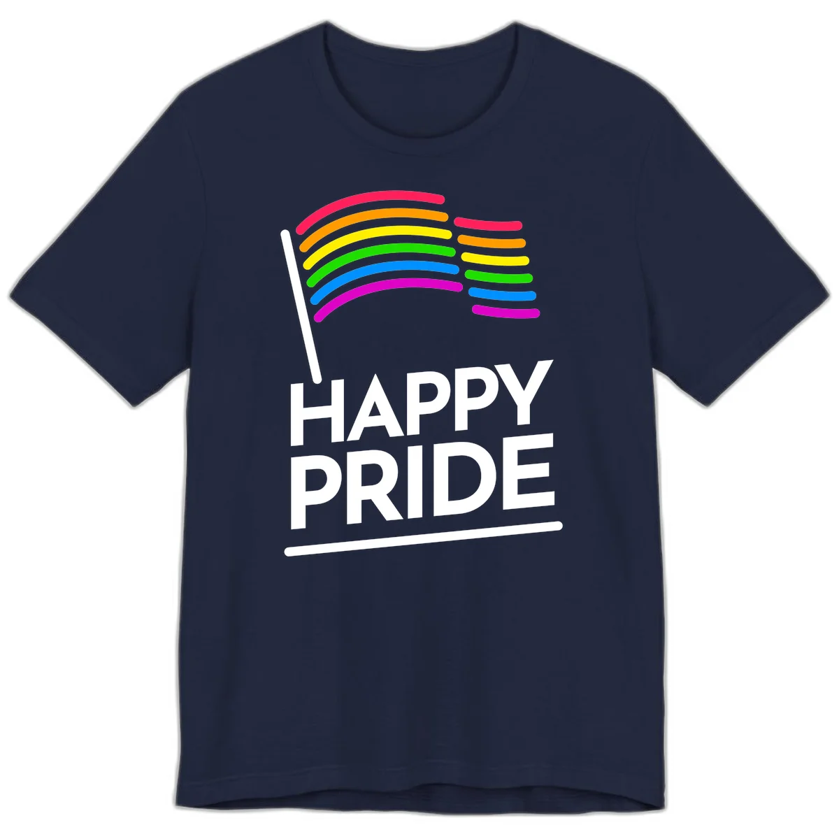 Happy Pride rainbow flag design with seven curved colored stripes waving from a flagpole and white text reading HAPPY PRIDE in Navy