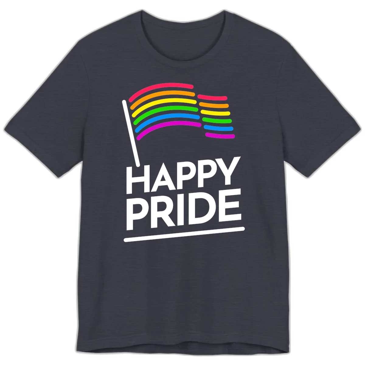 Happy Pride rainbow flag design with seven curved colored stripes waving from a flagpole and white text reading HAPPY PRIDE in Heather Midnight Navy