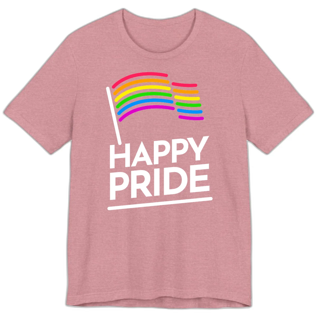 Happy Pride rainbow flag design with seven curved colored stripes waving from a flagpole and white text reading HAPPY PRIDE in Heather Orchid