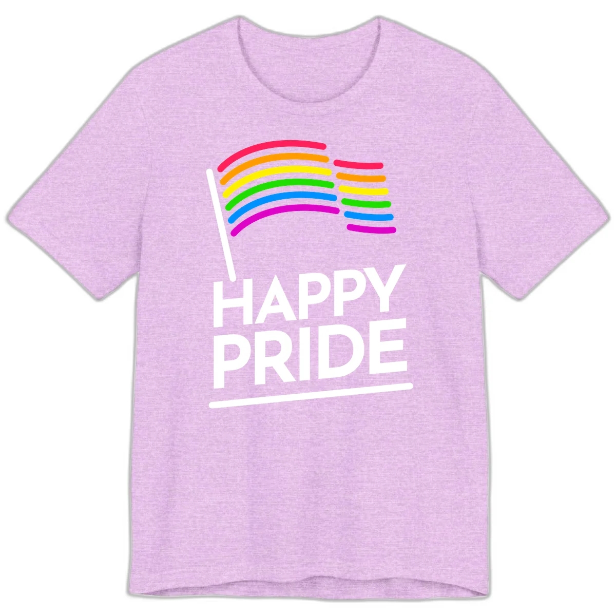 Happy Pride rainbow flag design with seven curved colored stripes waving from a flagpole and white text reading HAPPY PRIDE in Heather Prism Lilac