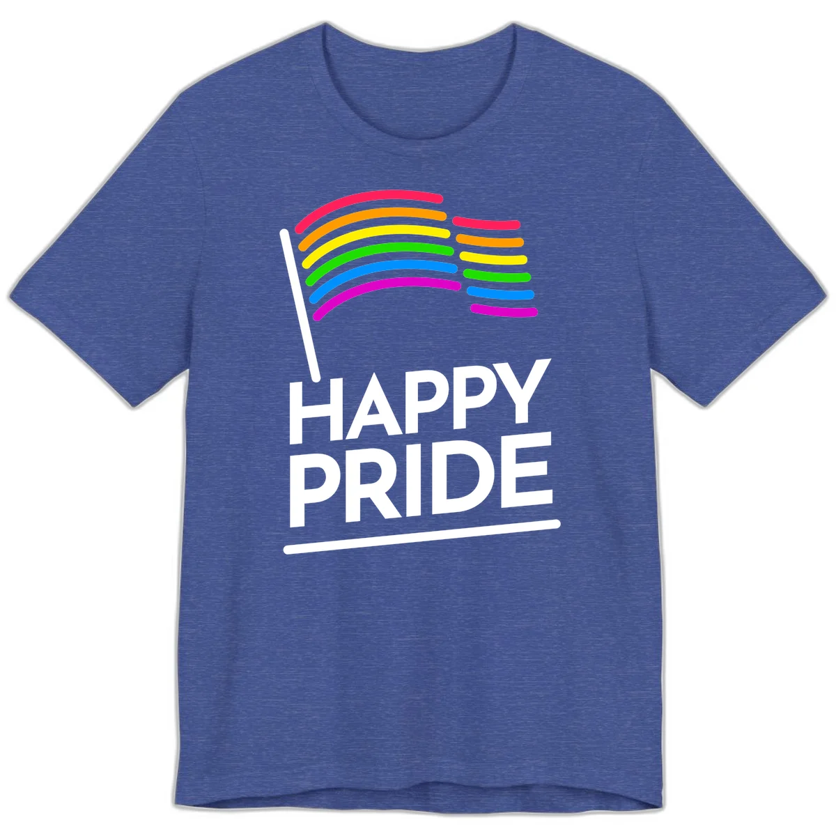 Happy Pride rainbow flag design with seven curved colored stripes waving from a flagpole and white text reading HAPPY PRIDE in Heather True Royal