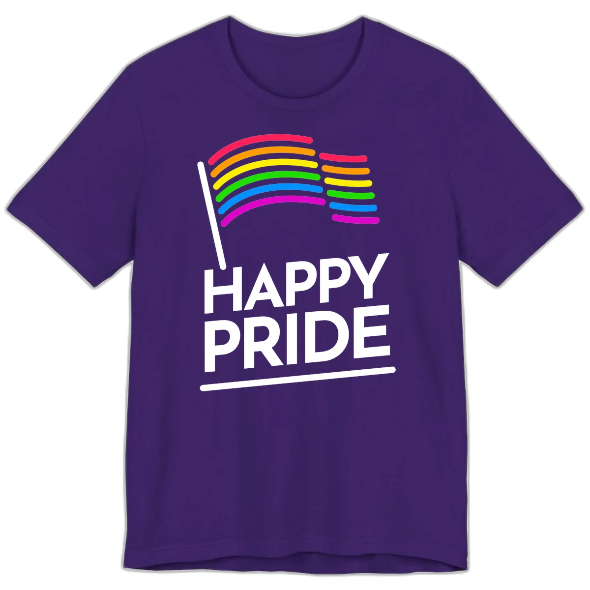 Happy Pride rainbow flag design with seven curved colored stripes waving from a flagpole and white text reading HAPPY PRIDE in Team Purple