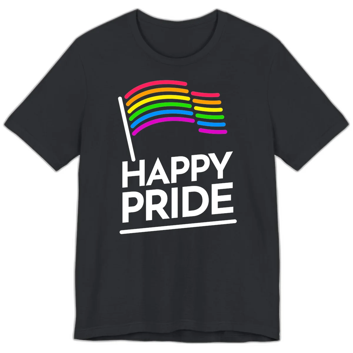 Happy Pride rainbow flag design with seven curved colored stripes waving from a flagpole and white text reading HAPPY PRIDE in Vintage Black