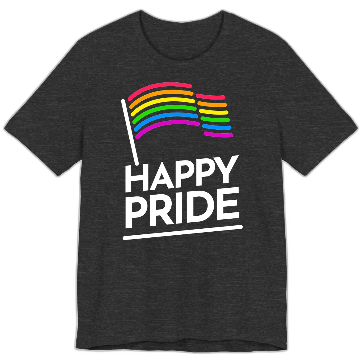 Happy Pride rainbow flag design with seven curved colored stripes waving from a flagpole and white text reading HAPPY PRIDE in Dark Grey Heather