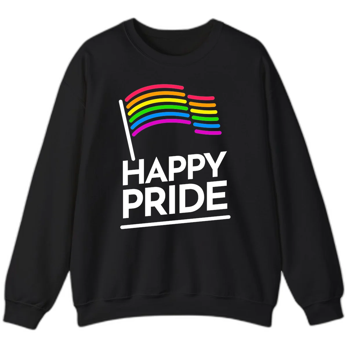 Happy Pride rainbow flag design with seven curved colored stripes waving from a flagpole and white text reading HAPPY PRIDE in Black