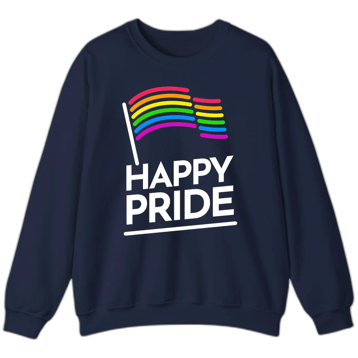 Happy Pride rainbow flag design with seven curved colored stripes waving from a flagpole and white text reading HAPPY PRIDE in Navy