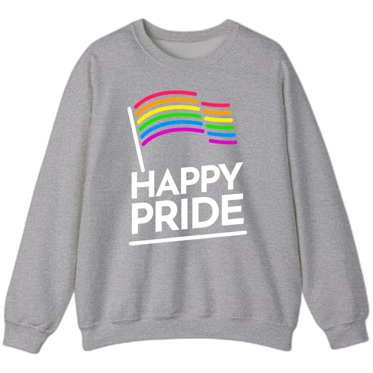 Happy Pride rainbow flag design with seven curved colored stripes waving from a flagpole and white text reading HAPPY PRIDE in Sport Grey