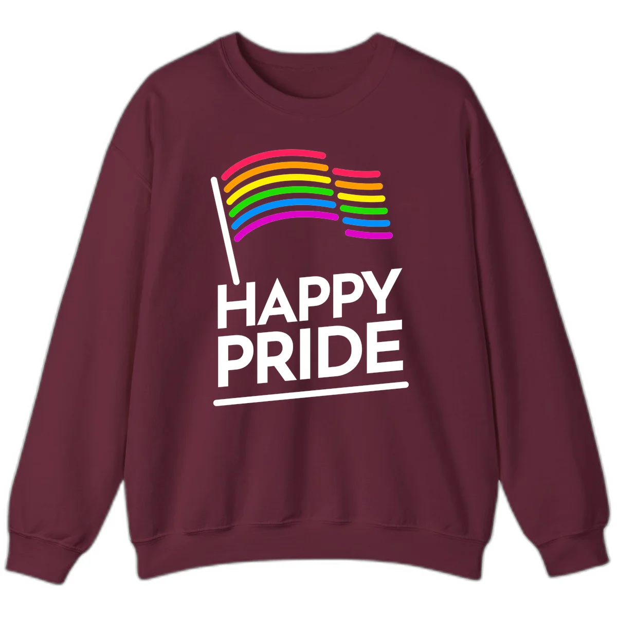 Happy Pride rainbow flag design with seven curved colored stripes waving from a flagpole and white text reading HAPPY PRIDE in Maroon