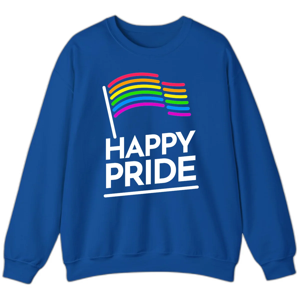 Happy Pride rainbow flag design with seven curved colored stripes waving from a flagpole and white text reading HAPPY PRIDE in Royal