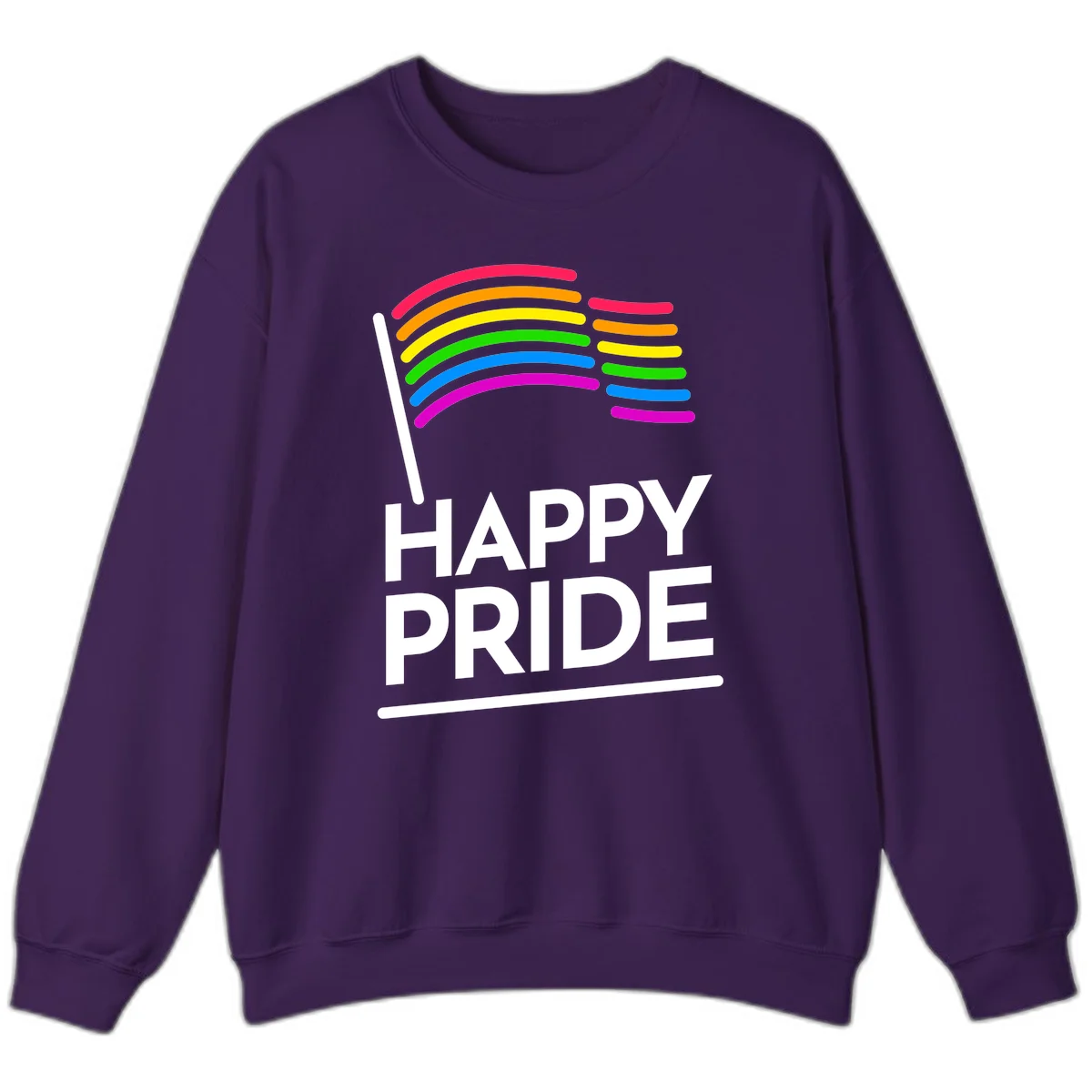 Happy Pride rainbow flag design with seven curved colored stripes waving from a flagpole and white text reading HAPPY PRIDE in Purple
