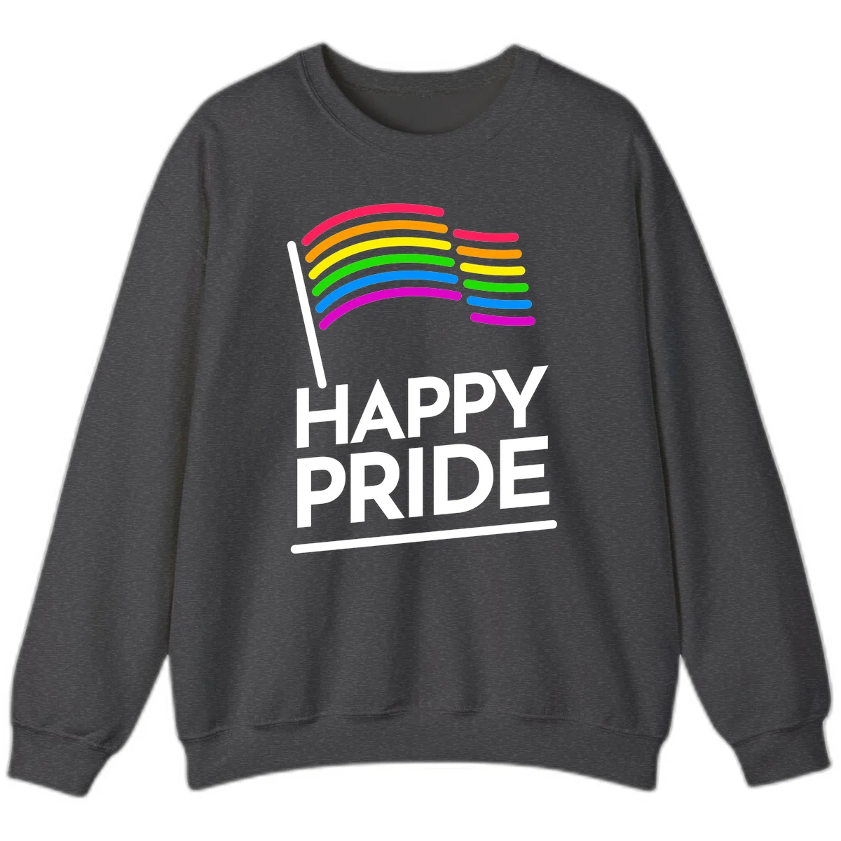 Happy Pride rainbow flag design with seven curved colored stripes waving from a flagpole and white text reading HAPPY PRIDE in Dark Heather