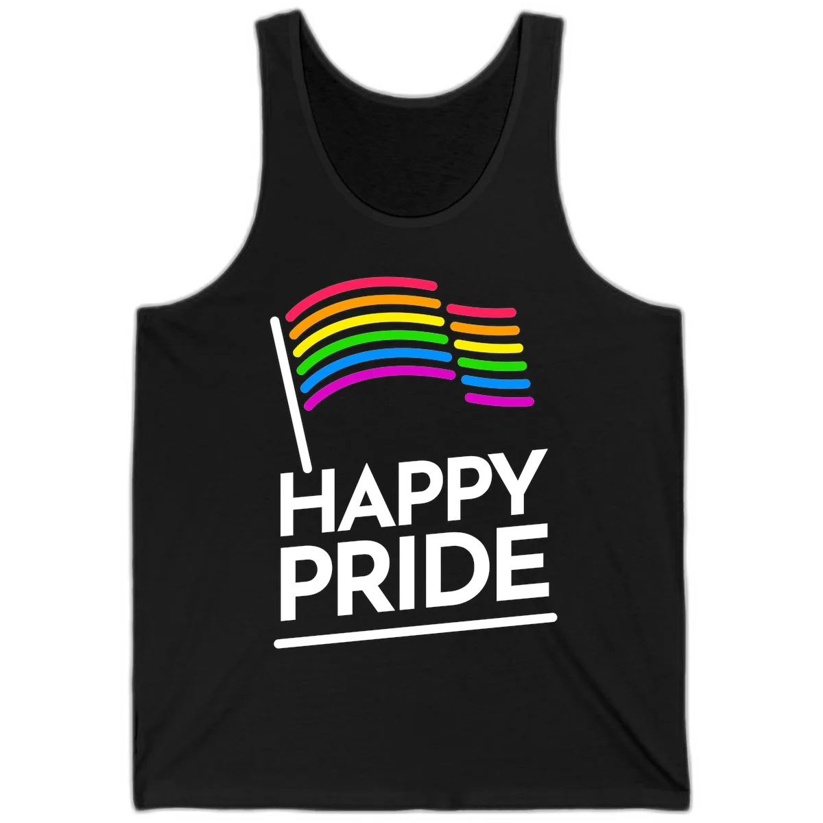Happy Pride rainbow flag design with seven curved colored stripes waving from a flagpole and white text reading HAPPY PRIDE in Black