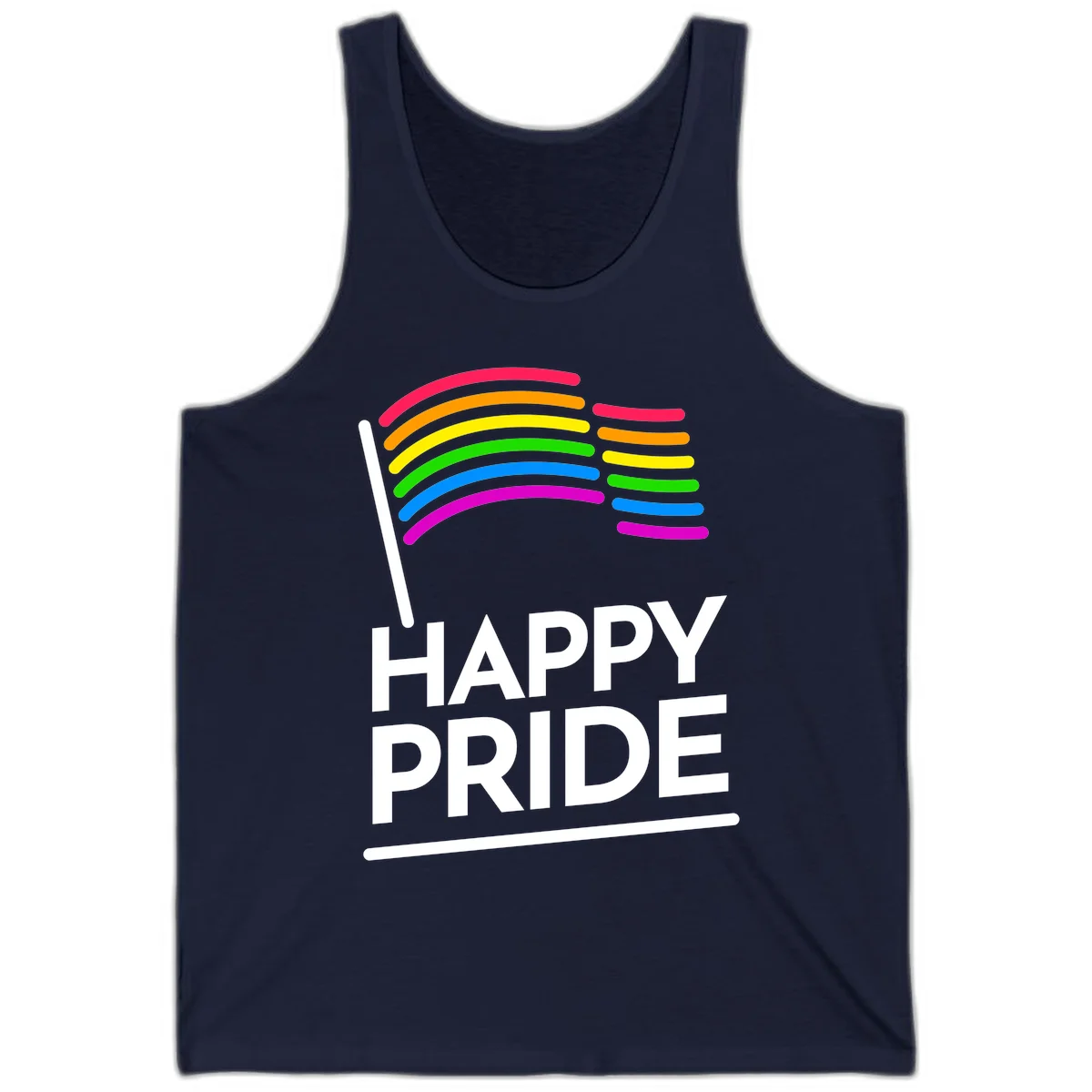 Happy Pride rainbow flag design with seven curved colored stripes waving from a flagpole and white text reading HAPPY PRIDE in Navy