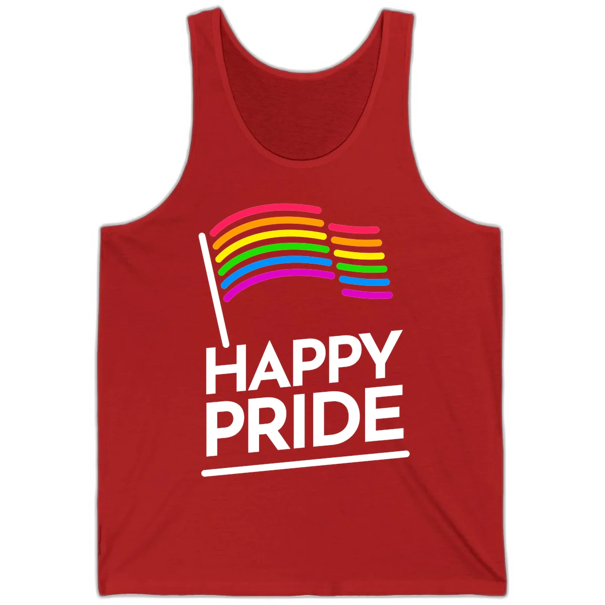 Happy Pride rainbow flag design with seven curved colored stripes waving from a flagpole and white text reading HAPPY PRIDE in Red
