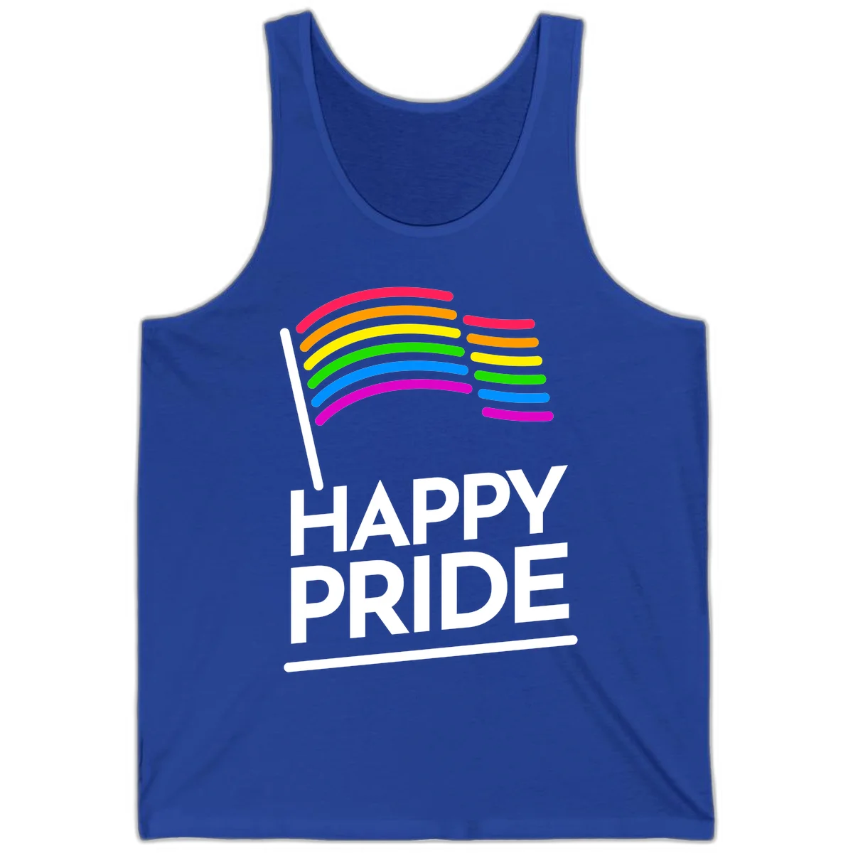 Happy Pride rainbow flag design with seven curved colored stripes waving from a flagpole and white text reading HAPPY PRIDE in True Royal