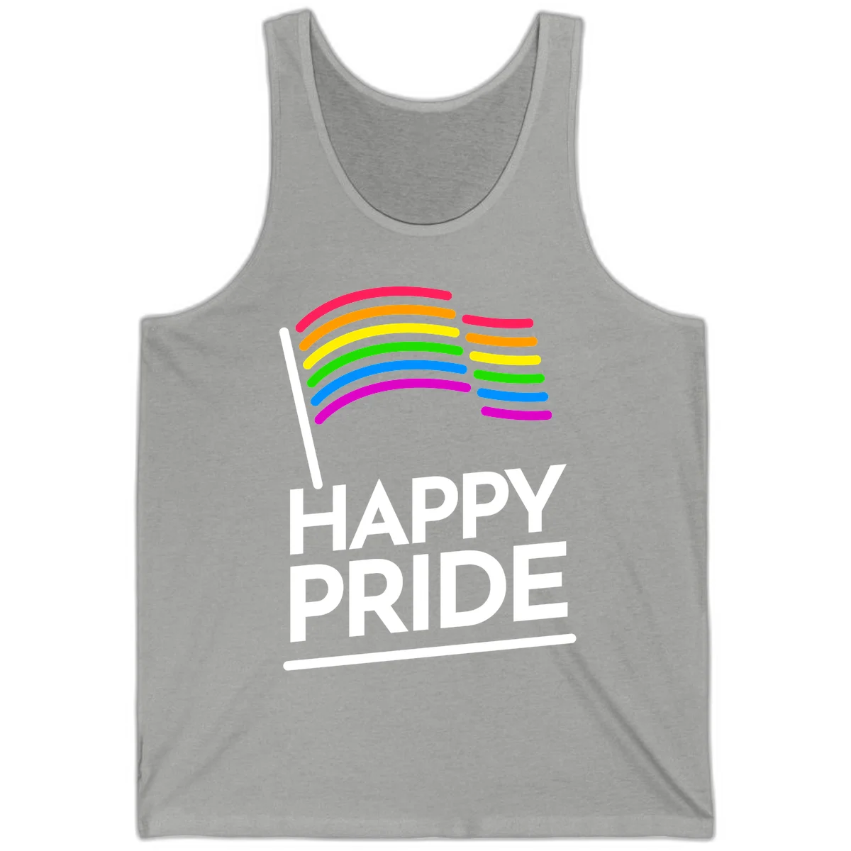 Happy Pride rainbow flag design with seven curved colored stripes waving from a flagpole and white text reading HAPPY PRIDE in Athletic Heather
