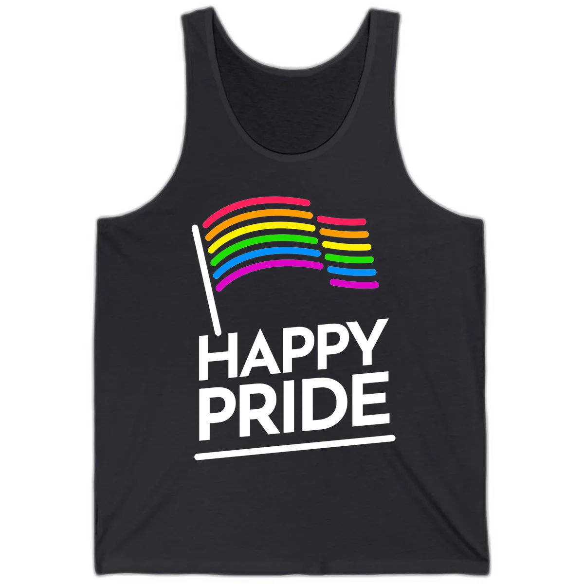 Happy Pride rainbow flag design with seven curved colored stripes waving from a flagpole and white text reading HAPPY PRIDE in Dark Grey