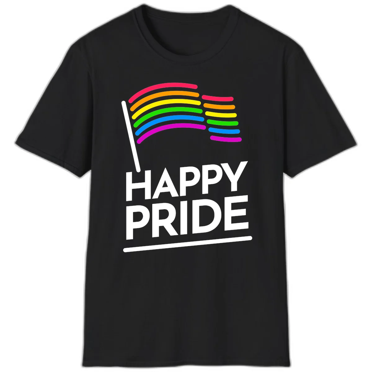 Happy Pride rainbow flag design with seven curved colored stripes waving from a flagpole and white text reading HAPPY PRIDE in Black