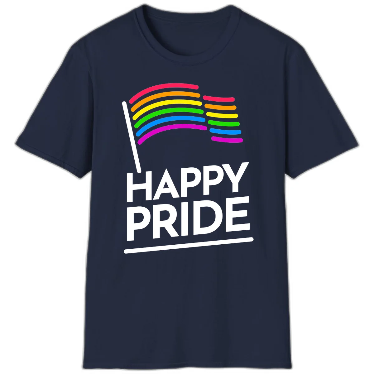 Happy Pride rainbow flag design with seven curved colored stripes waving from a flagpole and white text reading HAPPY PRIDE in Navy